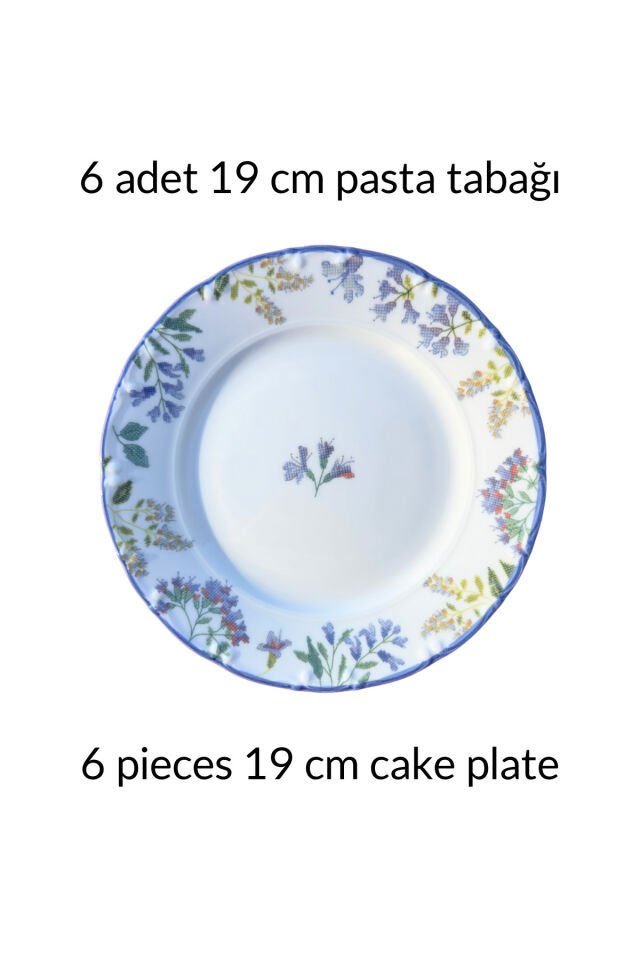 Kanaviçe Lilac 6 kişilik 19 cm Özel Tasarım Premium Porselen Pasta Tabağı Takımı Mor Çiçek Desenli