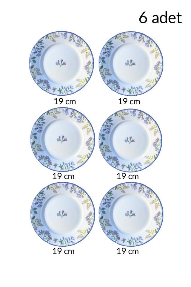 Kanaviçe Lilac 6 kişilik 19 cm Özel Tasarım Premium Porselen Pasta Tabağı Takımı Mor Çiçek Desenli