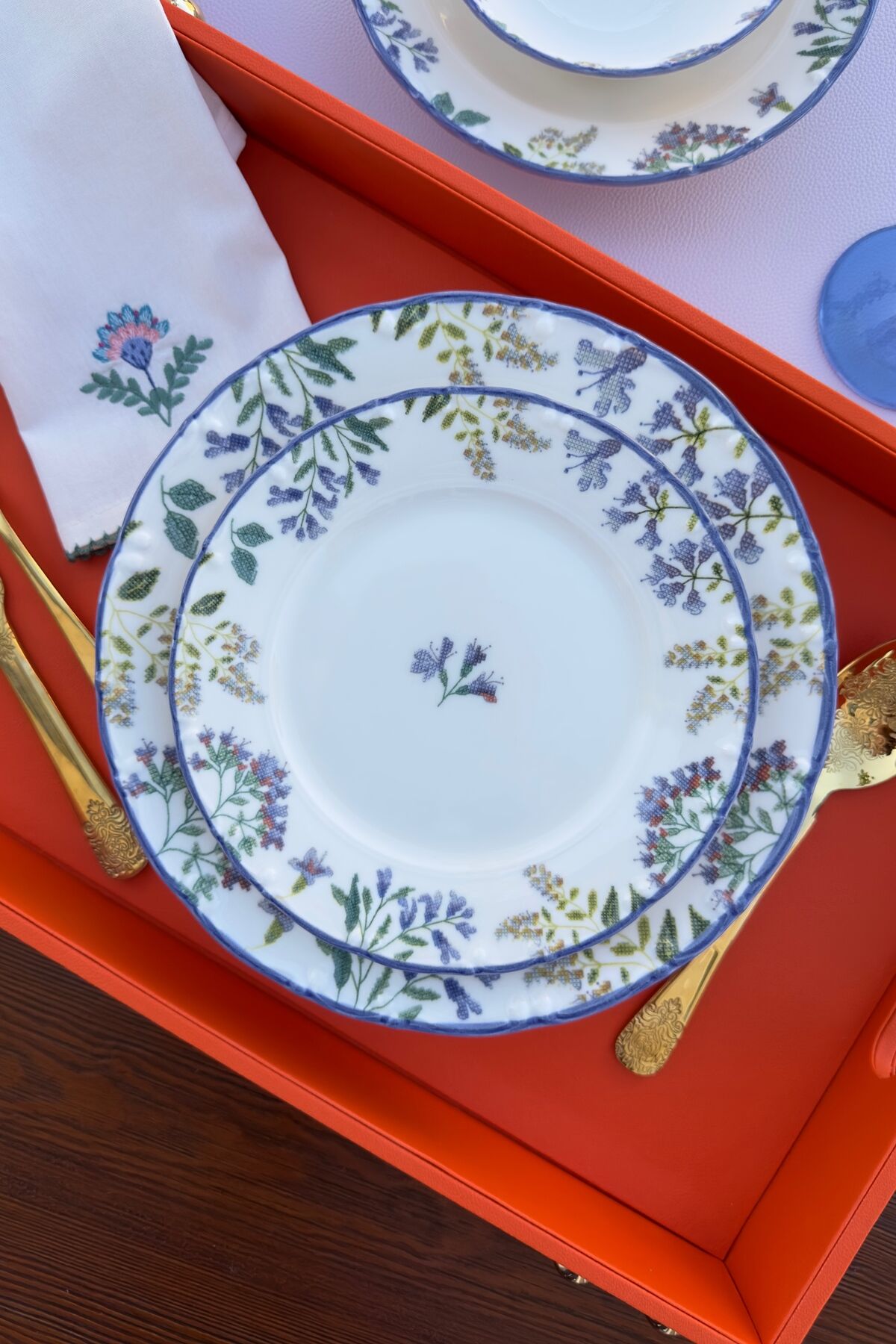 Kanaviçe Lilac 6 kişilik 19 cm Özel Tasarım Premium Porselen Pasta Tabağı Takımı Mor Çiçek Desenli