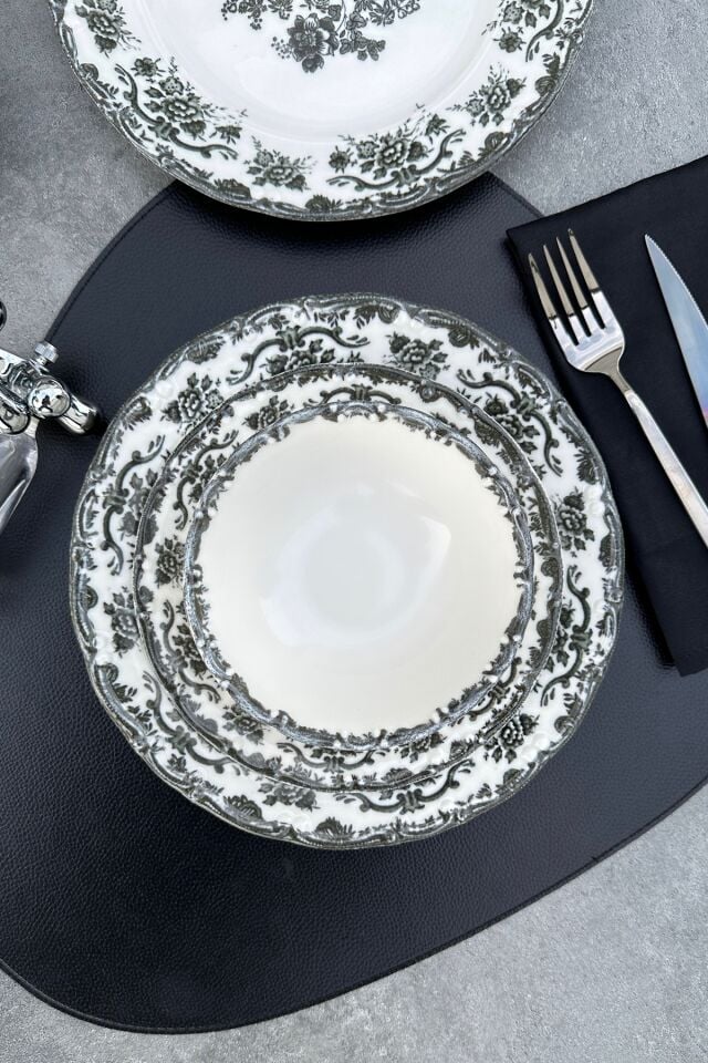 Antique Black 12 Parça 4 Kişilik Premium Porselen Yemek Takımı Siyah Çiçek Desenli