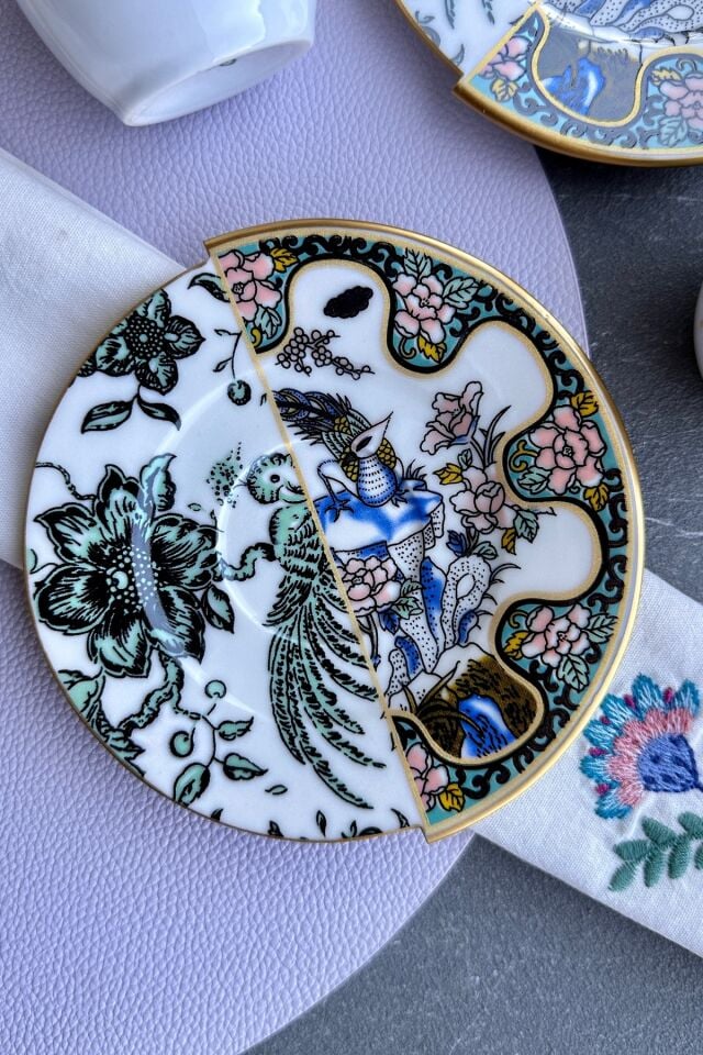 Sakura Premium Porselen Çift Desenli İki Desenli İki Kişilik Fincan Takımı Özel Tasarım Mor Pembe