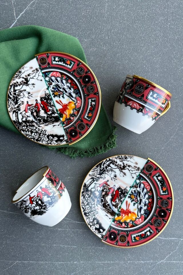 Black Honey Premium Porselen Çift Desenli İki Desenli İki Kişilik Fincan Takımı Özel Tasarım kırmızı