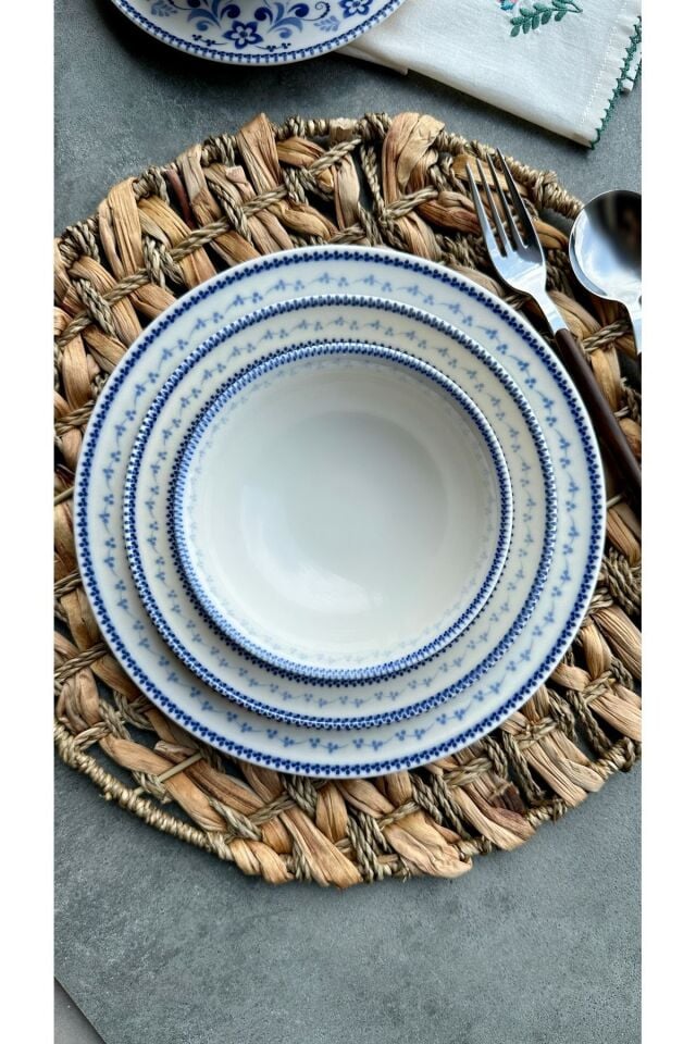 Blue blanc 24 Parça 6 Kişilik Porselen Yemek Takımı Vintage Mavi Çiçek Desenli