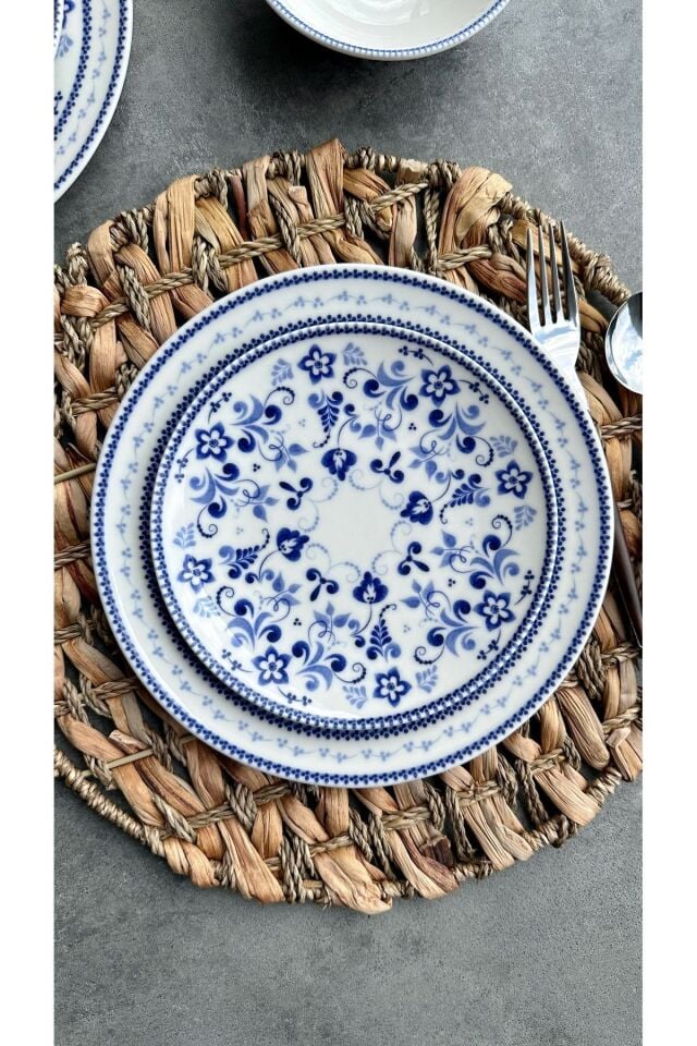 Blue blanc 24 Parça 6 Kişilik Porselen Yemek Takımı Vintage Mavi Çiçek Desenli