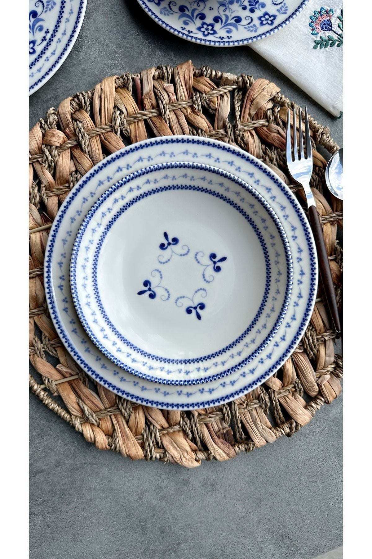 Blue blanc 24 Parça 6 Kişilik Porselen Yemek Takımı Vintage Mavi Çiçek Desenli