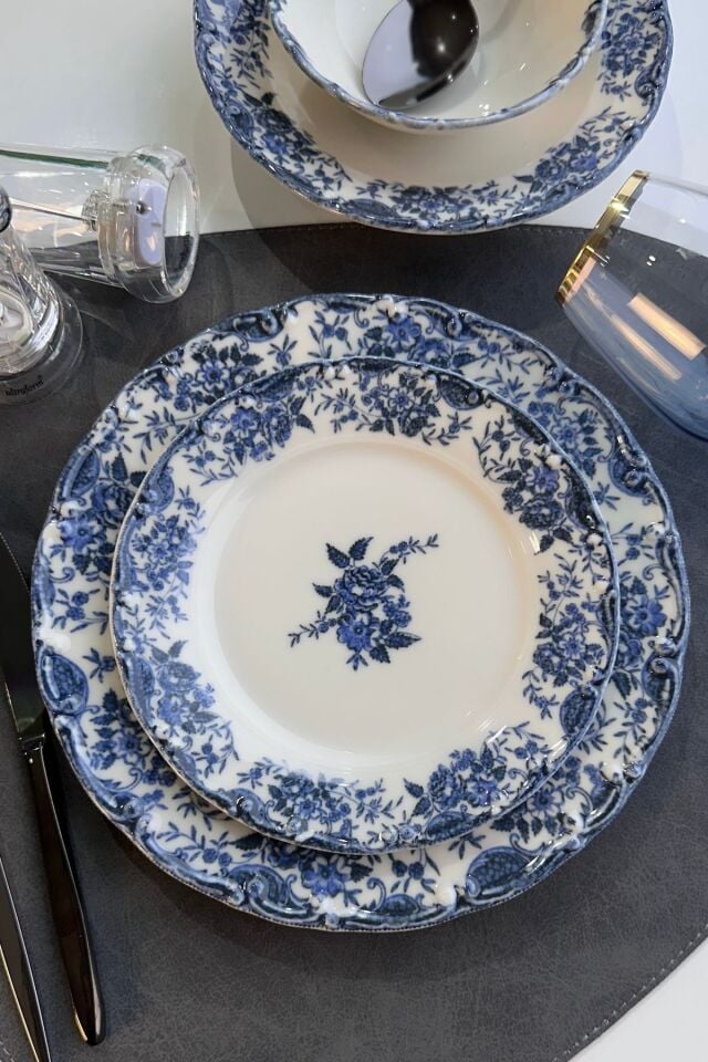Vintage Blue 24 Parça 6 Kişilik Premium Porselen Yemek Takımı Mavi Çiçekli