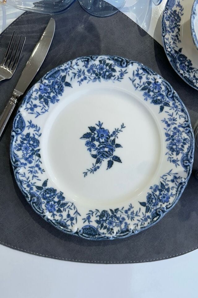 Vintage Blue 24 Parça 6 Kişilik Premium Porselen Yemek Takımı Mavi Çiçekli