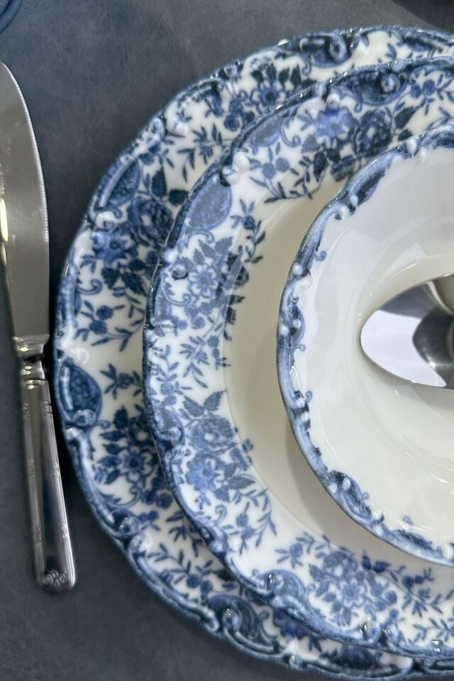 Vintage Blue 24 Parça 6 Kişilik Premium Porselen Yemek Takımı Mavi Çiçekli