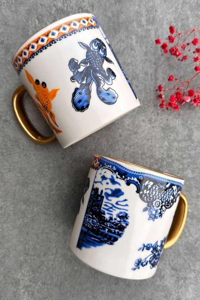 iki Desenli, Çift Desen Gold Fish Serisi 2 Kişilik Porselen Balık Desenli Kupa Seti