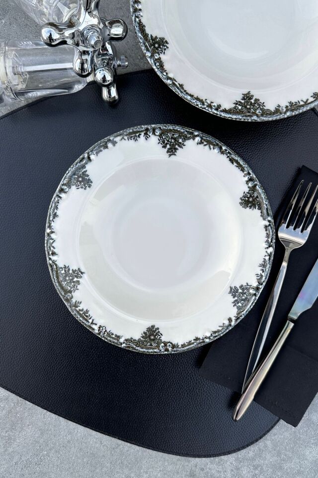 Antique Black 6 kişilik 21 cm Özel Tasarım Premium Porselen Çukur Yemek Tabağı Takımı