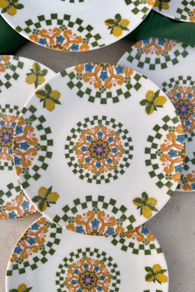 Capri 6 kişilik 19 cm limon desenli porselen pasta sunum tabak takımı