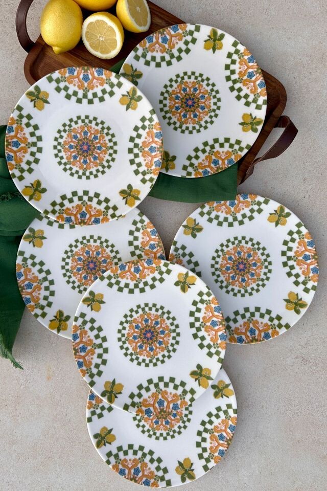 Capri 6 kişilik 19 cm limon desenli porselen pasta sunum tabak takımı
