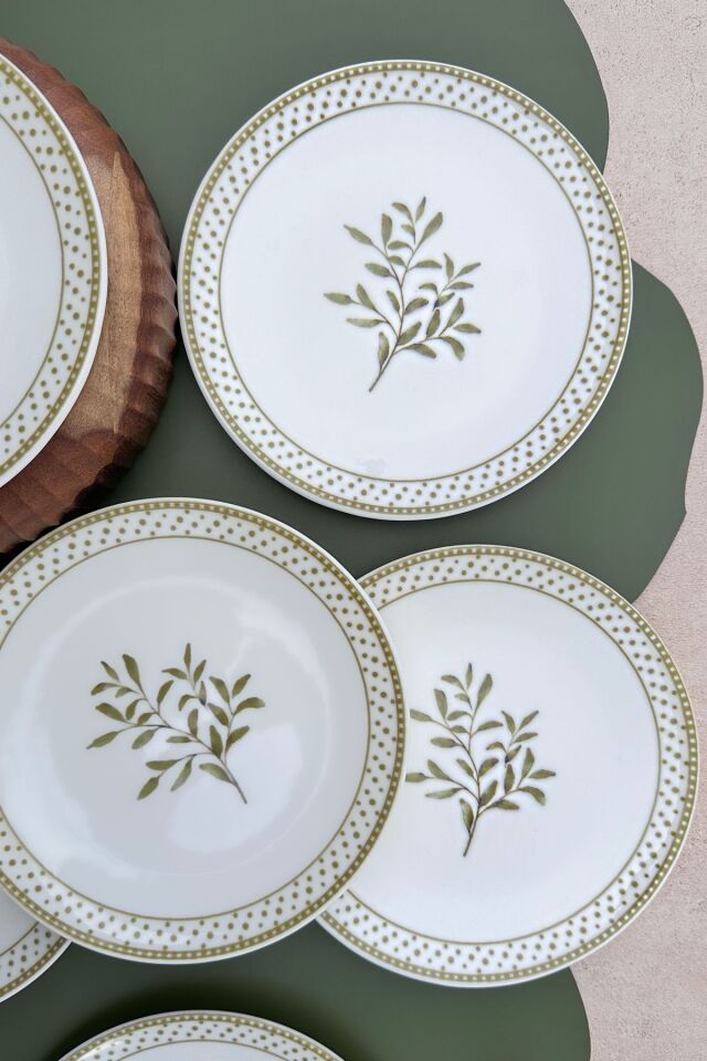 Oliver Premium Porselen 6 kişilik 19 cm Yeşil Zeytindalı Desenli Pasta Tabağı Takımı