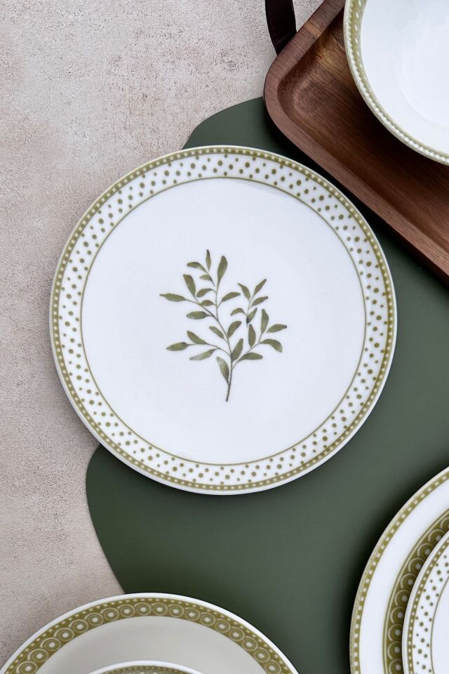 Oliver Premium Porselen 6 kişilik 19 cm Yeşil Zeytindalı Desenli Pasta Tabağı Takımı