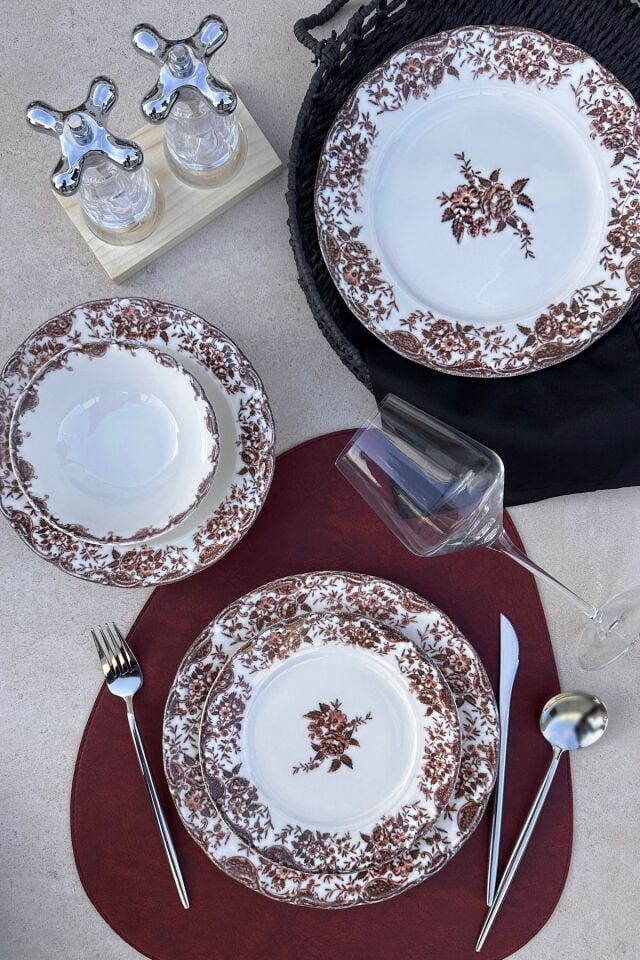 Vintage Rose 24 Parça 6 Kişilik Premium Porselen Yemek Takımı Bordo