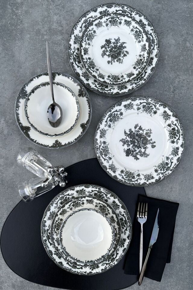 Antique Black 24 Parça 6 Kişilik Premium Porselen Yemek Takımı Siyah