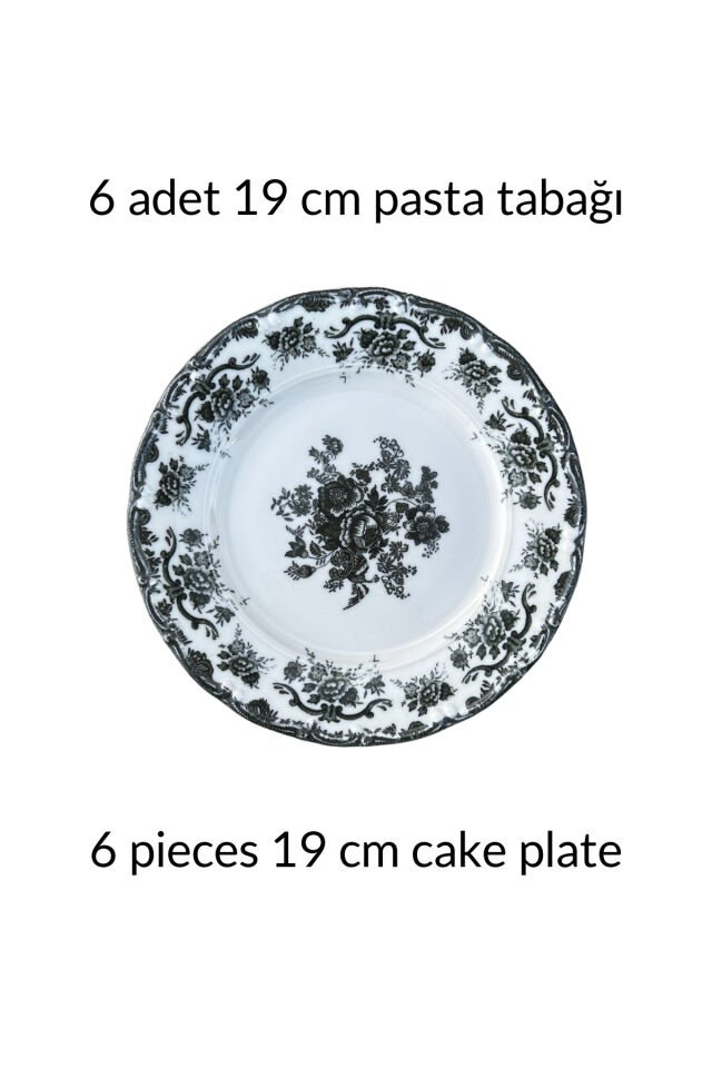 Antique Black 6 kişilik 19 cm Özel Tasarım Premium Porselen Pasta Tabağı Takımı