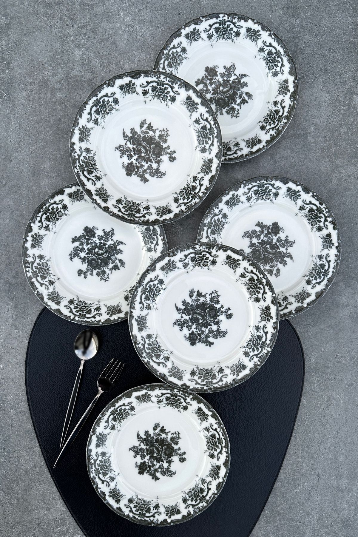 Antique Black 6 kişilik 19 cm Özel Tasarım Premium Porselen Pasta Tabağı Takımı