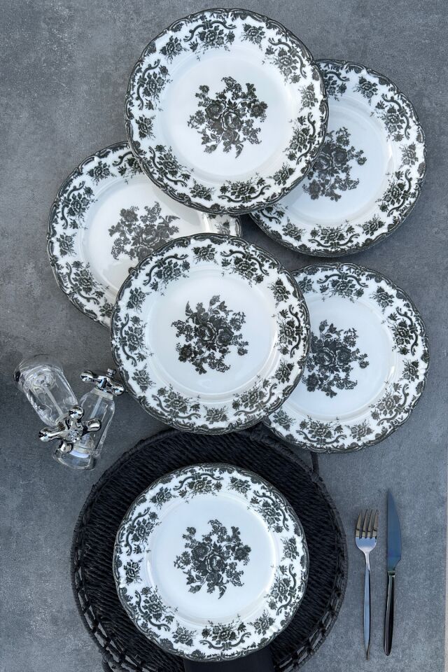 Antique Black 6 kişilik 25 cm Özel Tasarım Premium Porselen Servis Tabağı Takımı