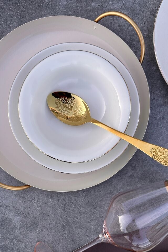 Pure 12 Parça 4 Kişilik Gold Altın Yaldızlı Krem Porselen Yemek Takımı