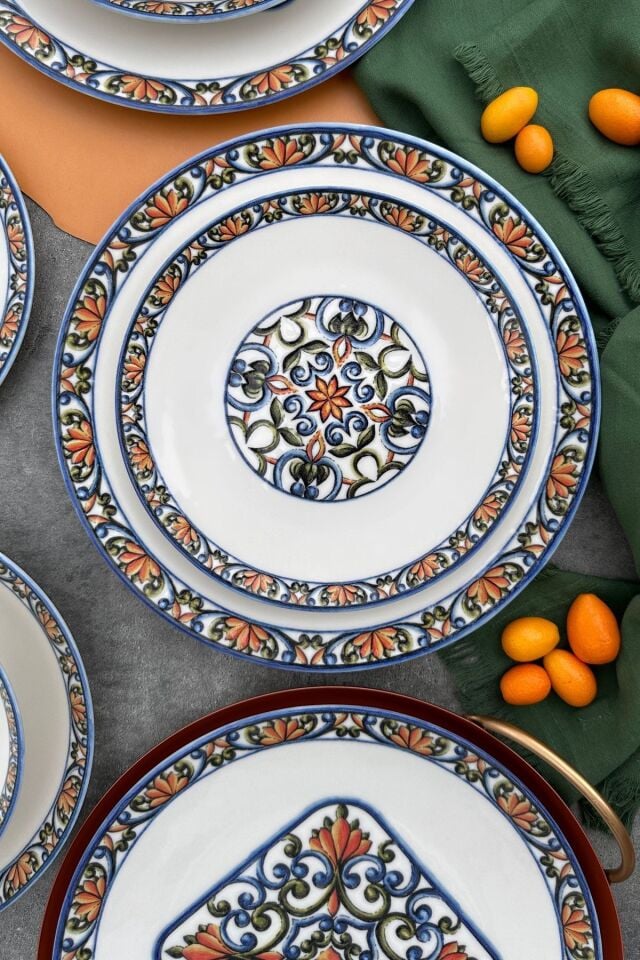 Verde 24 Parça 6 Kişilik Özel Tasarım Dokulu Mavi Desenli Premium Porselen Yemek Takımı