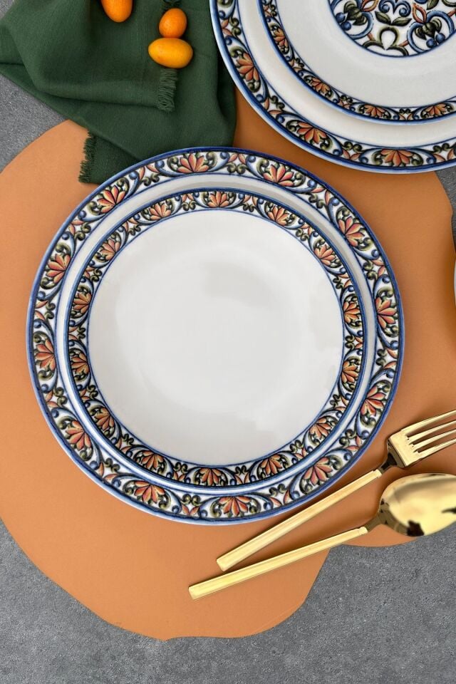 Verde 24 Parça 6 Kişilik Özel Tasarım Dokulu Mavi Desenli Premium Porselen Yemek Takımı