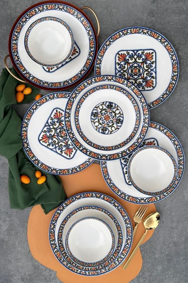 Verde 24 Parça 6 Kişilik Özel Tasarım Dokulu Mavi Desenli Premium Porselen Yemek Takımı