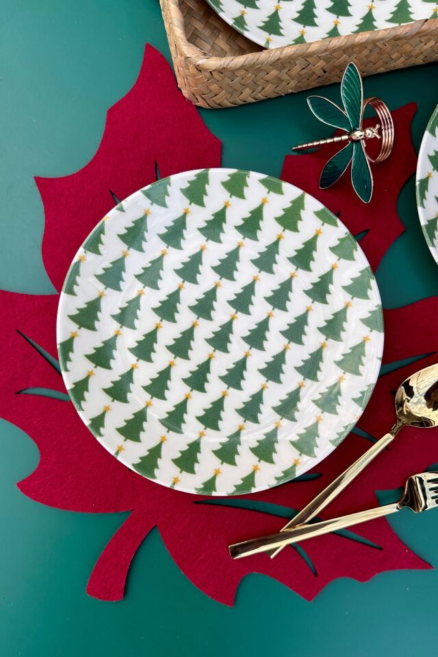 Çam Ağacı 6 Kişilik 19 CM Porselen Pasta Tabağı Takımı Günlük Yeşil Desenli