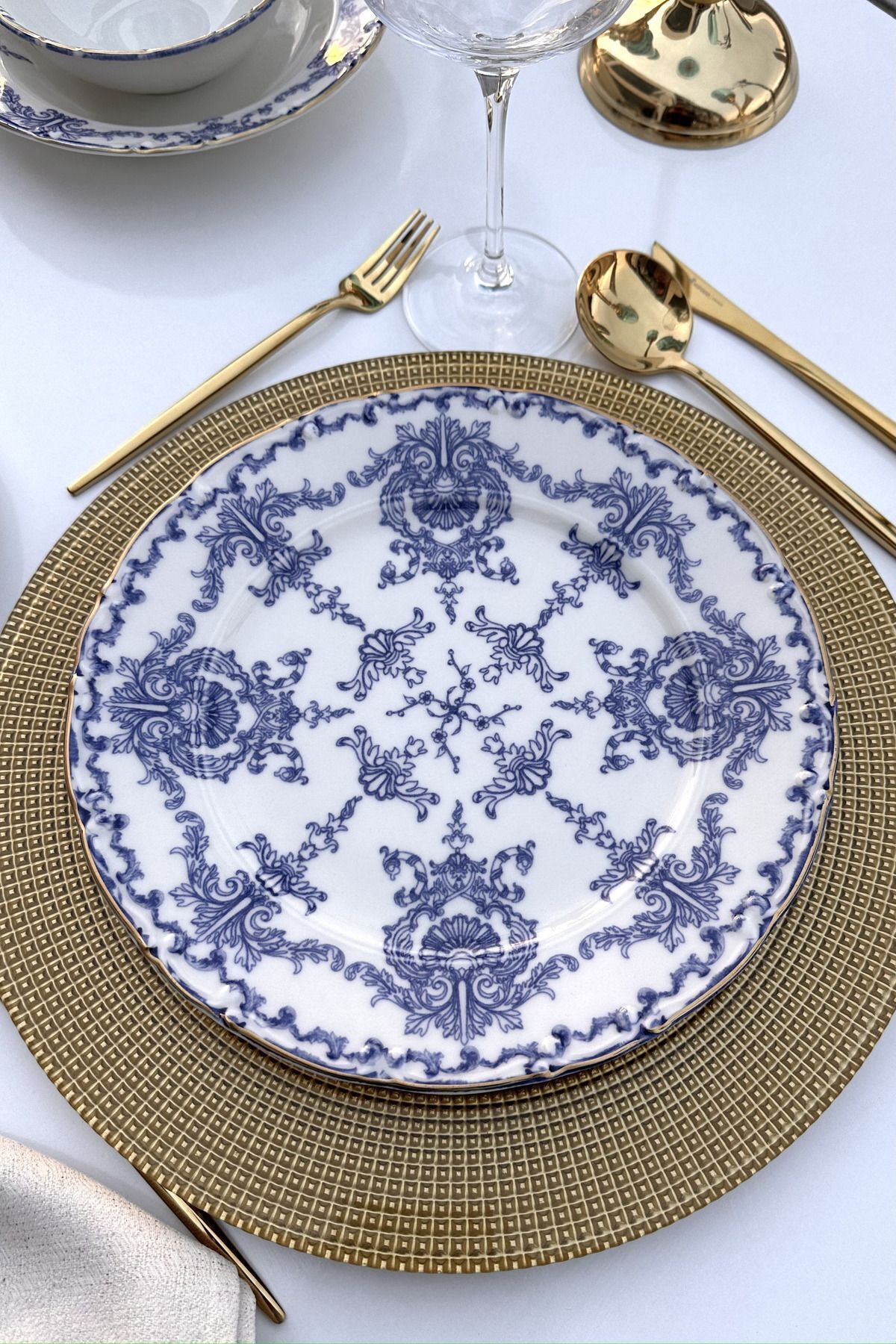 Royal Queen Mat Altın Yaldızlı 6 Kişilik 25 Cm Porselen Krem Servis Tabak Takımı Mavi