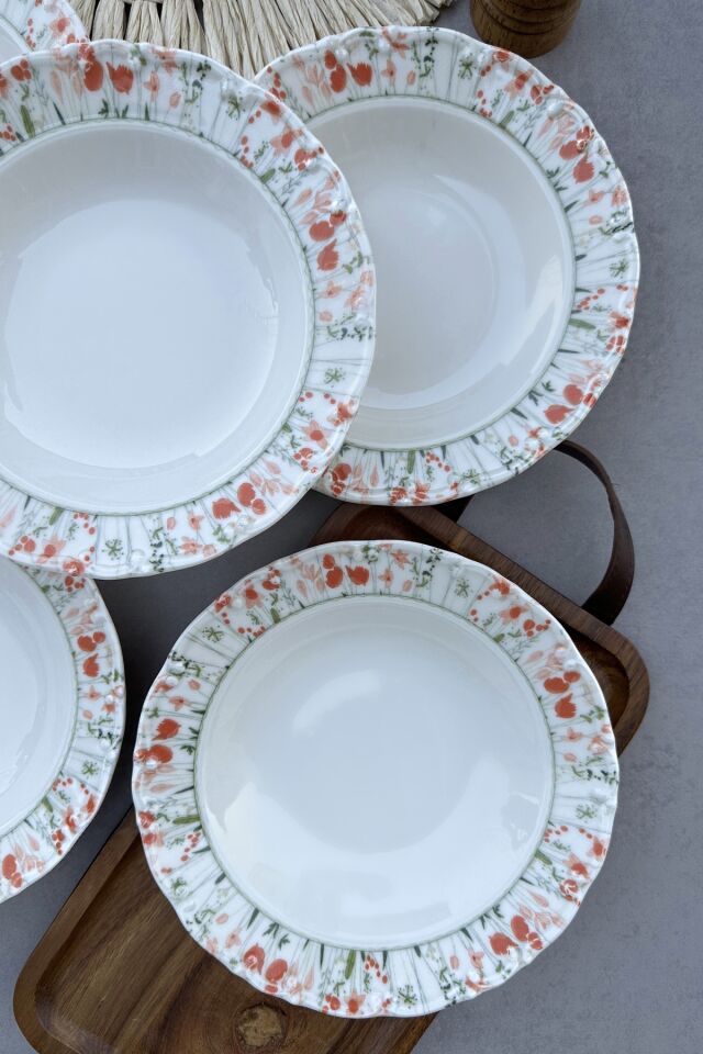 Floransa 6 kişilik 21 cm günlük kırmızı çiçek desenli porselen çukur yemek tabak takımı