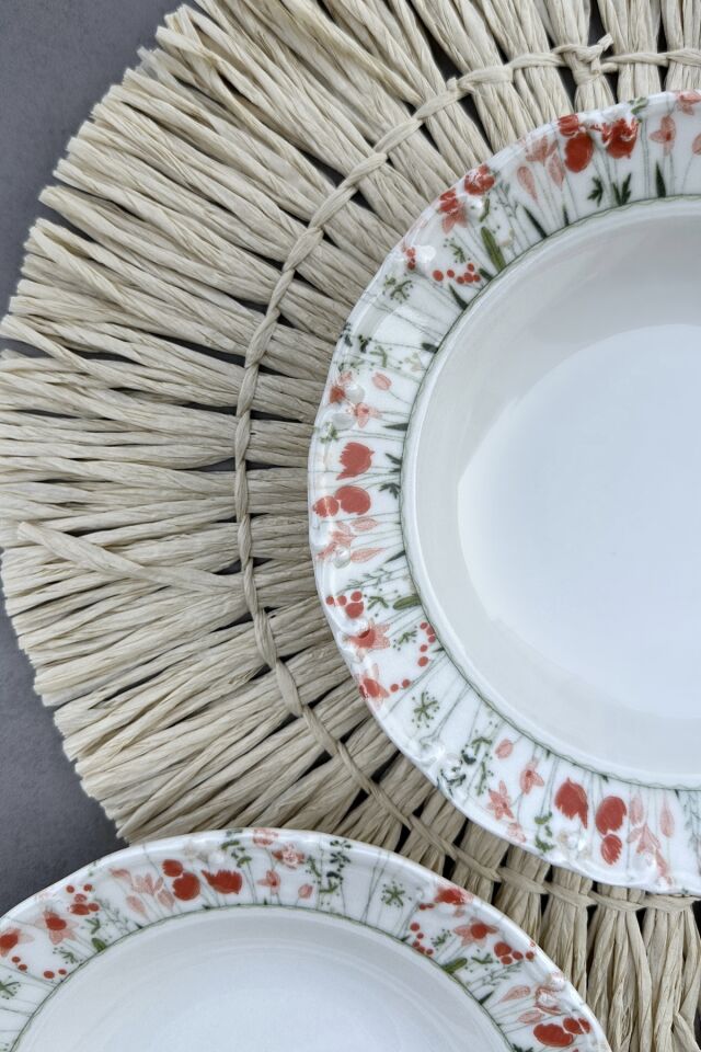 Floransa 6 kişilik 21 cm günlük kırmızı çiçek desenli porselen çukur yemek tabak takımı