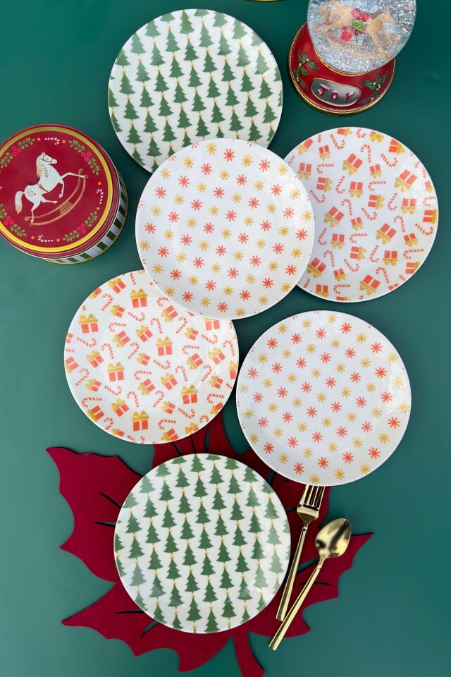 yeni yıl 6 kişilik 19 cm porselen pasta sunum tabağı takımı yılbaşı mix günlük