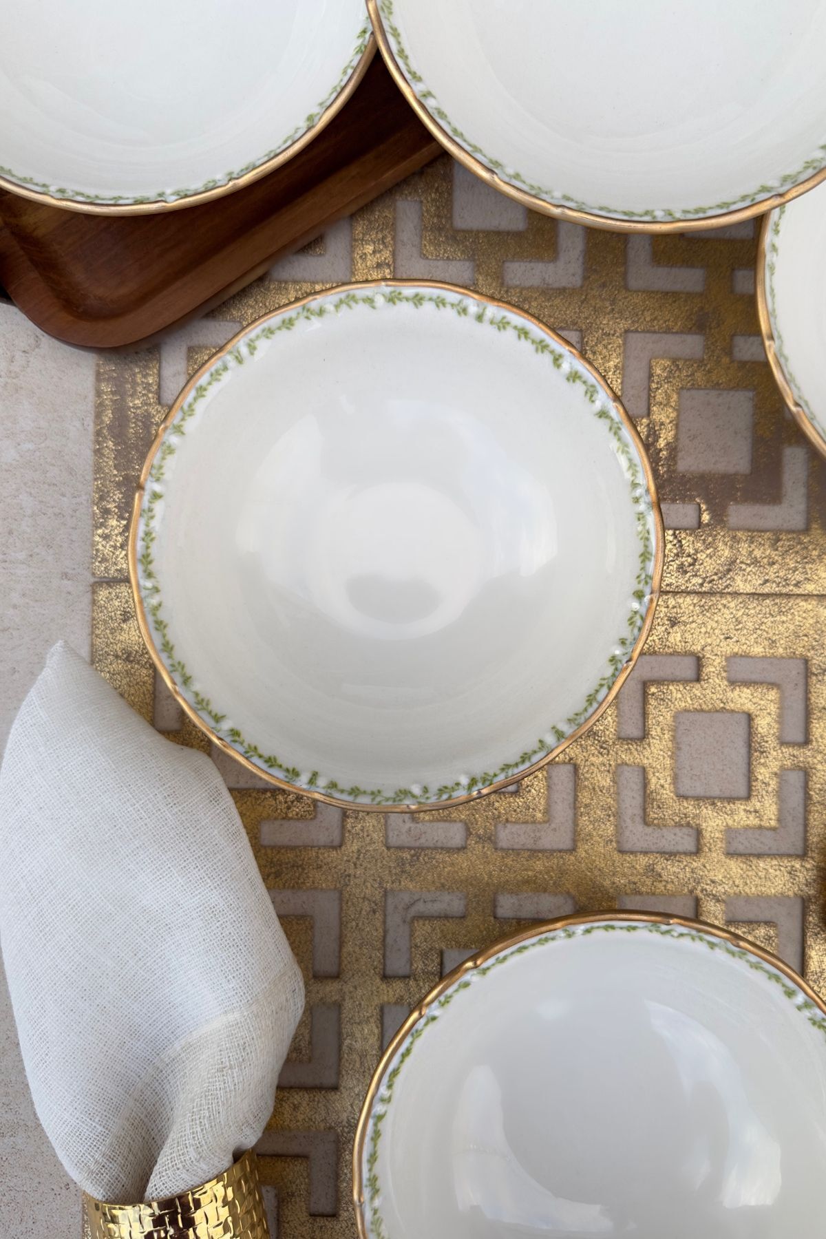 Green Garden Mat Altın Yaldızlı 6 Kişilik Porselen Çiçek Desenli Çorba Kasesi Gold Sunum Tabağı