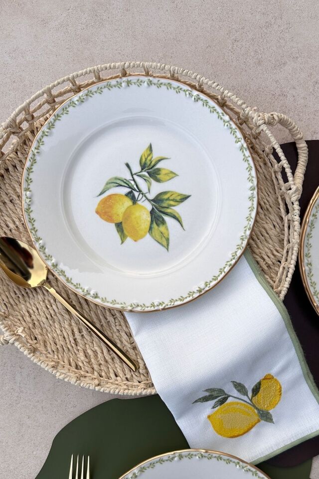 Green Garden Mat Altın Yaldızlı 25 Cm 6 Kişilik Gold Limon Desenli Porselen Servis Tabağı Takımı