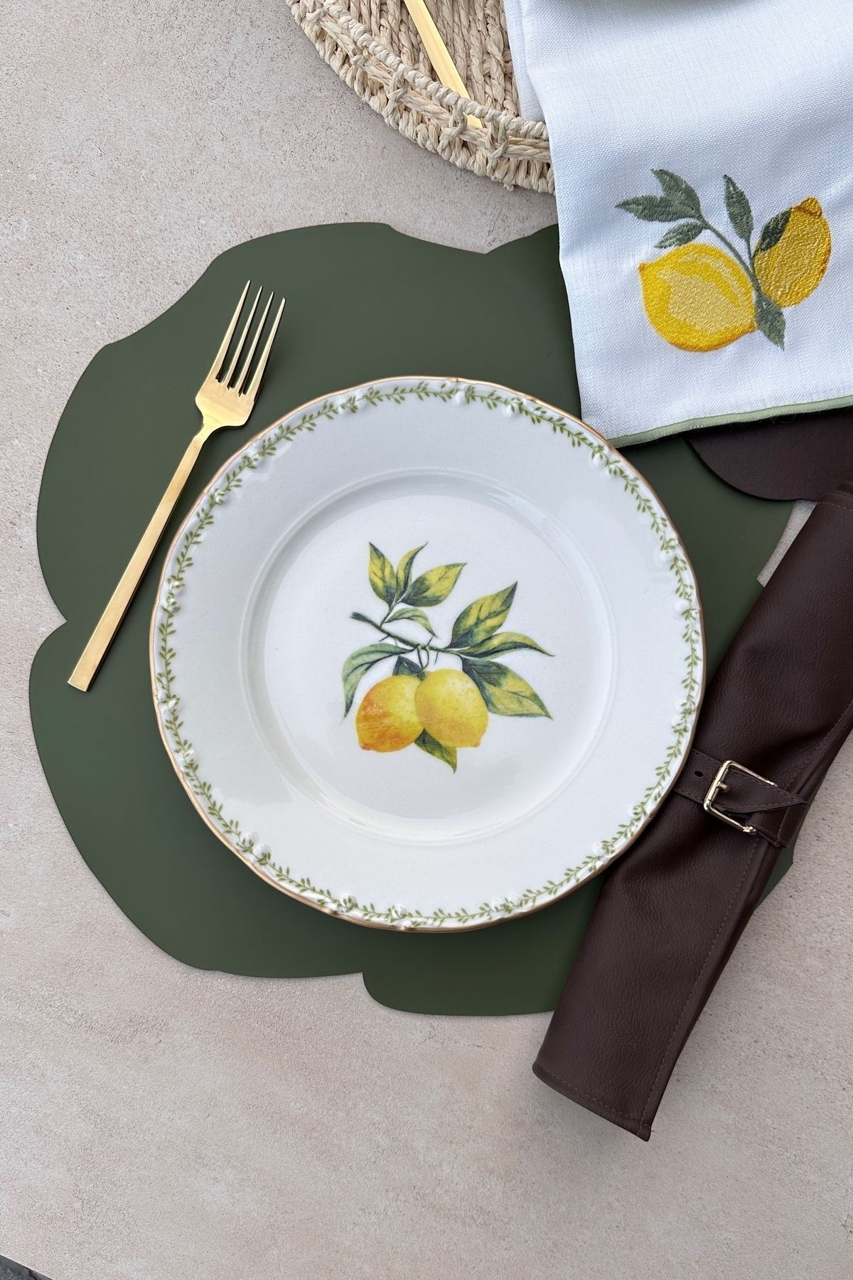 Green Garden Mat Altın Yaldızlı 25 Cm 6 Kişilik Gold Limon Desenli Porselen Servis Tabağı Takımı