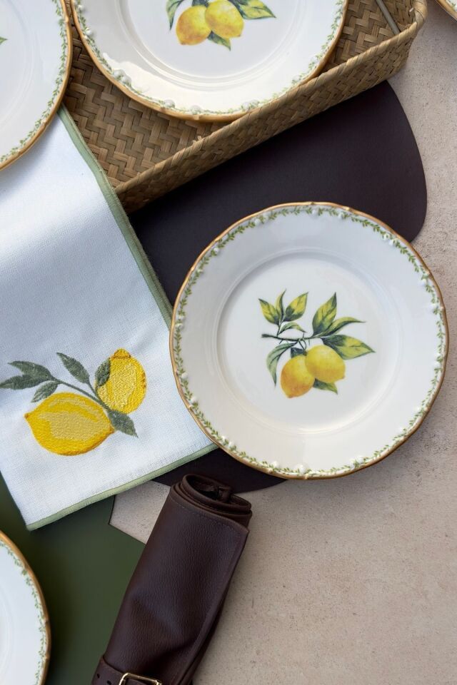 Green Garden Mat Altın Yaldızlı 6 Kişilik Gold Limon Desenli 19 Cm Porselen Pasta Tabağı Takımı