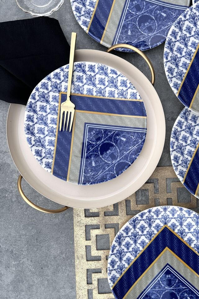 Tulip Organik 6 kişilik 21 cm mavi gold porselen pasta sunum tabak takımı