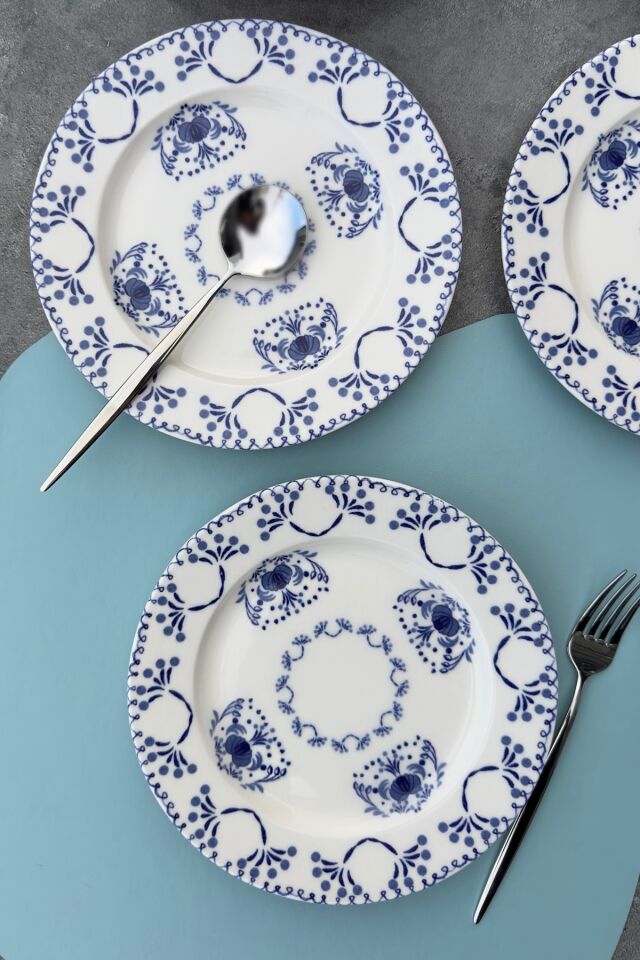 ikat mavi 6 kişilik 19 cm porselen pasta sunum tabağı takımı günlük