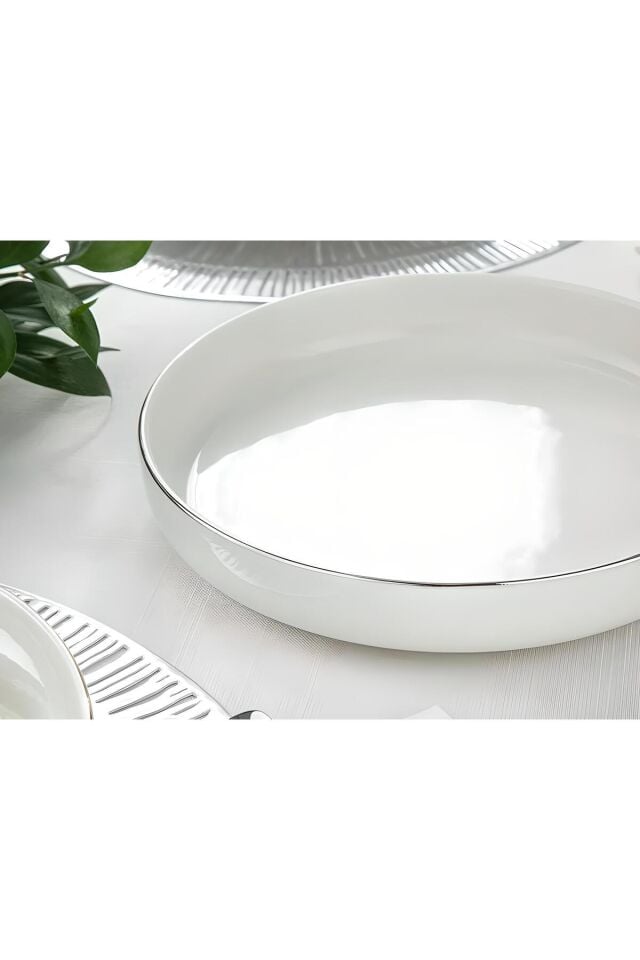 Modern Gümüş Krem 24 Cm Büyük Boy Porselen Salata Kasesi Sunum Servis Tabağı