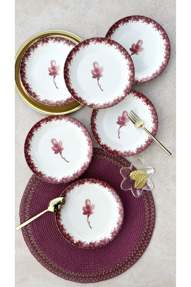 Cherry Blossom 6 kişilik 19 cm günlük pembe çiçekli porselen pasta sunum tabak takımı