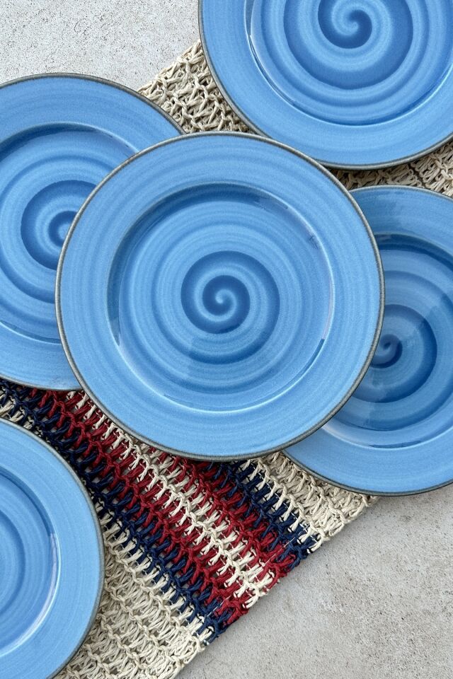 Trend mavi özel tasarım el boyaması 6 kişilik porselen pasta sunum tabak takımı 19 cm