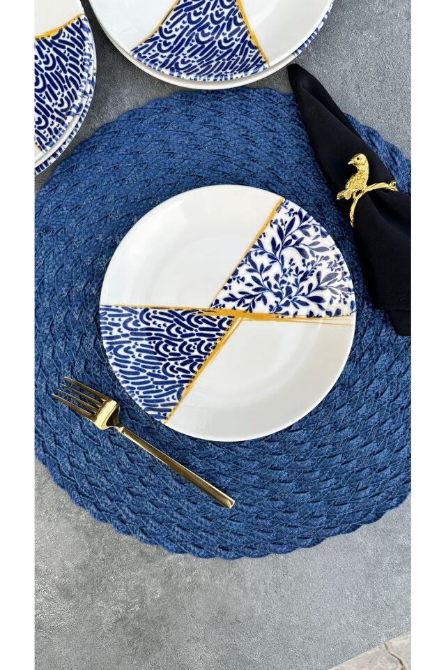 Kintsugi 6 Kişilik 19 Cm Porselen Çiçekli Krem Pasta Tabağı Servis Seti