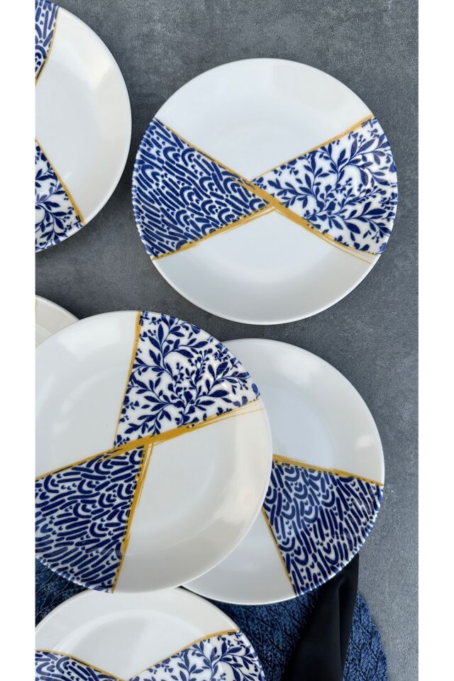 Kintsugi 6 Kişilik 19 Cm Porselen Çiçekli Krem Pasta Tabağı Servis Seti