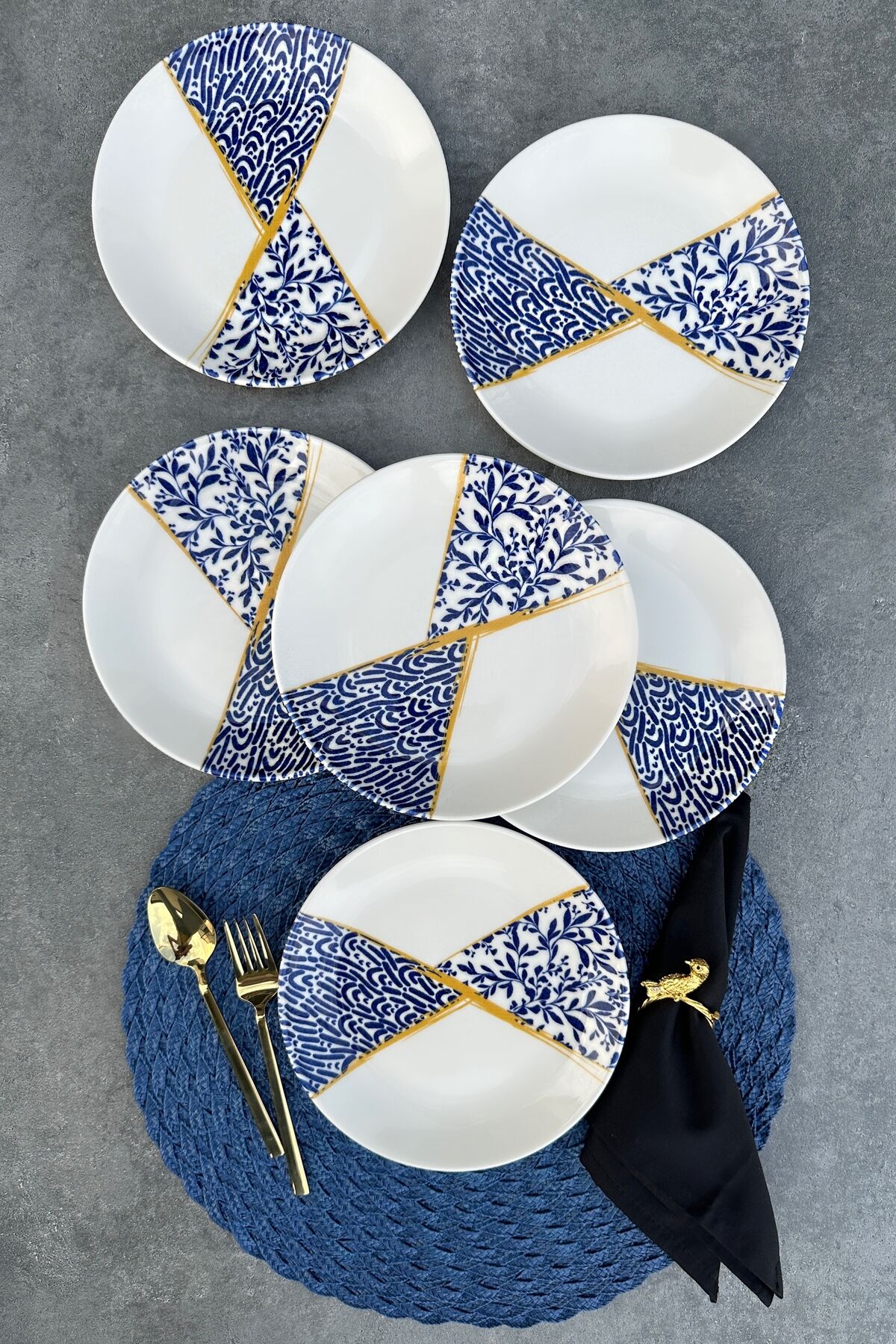 Kintsugi 6 Kişilik 19 Cm Porselen Çiçekli Krem Pasta Tabağı Servis Seti