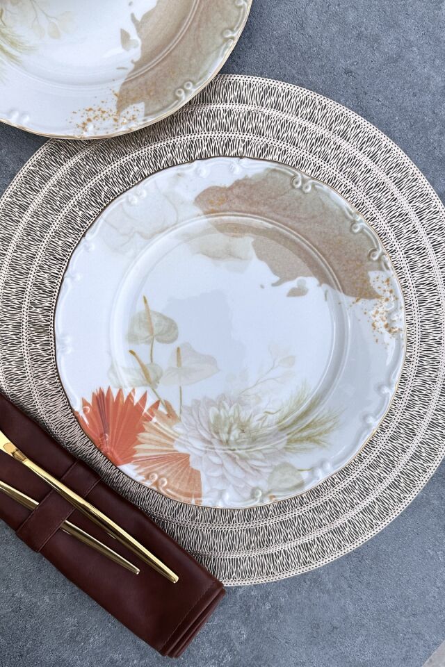 Allegra 6 Kişilik 25 Cm Porselen Çiçekli Altın Yaldızlı Servis Tabak Takımı