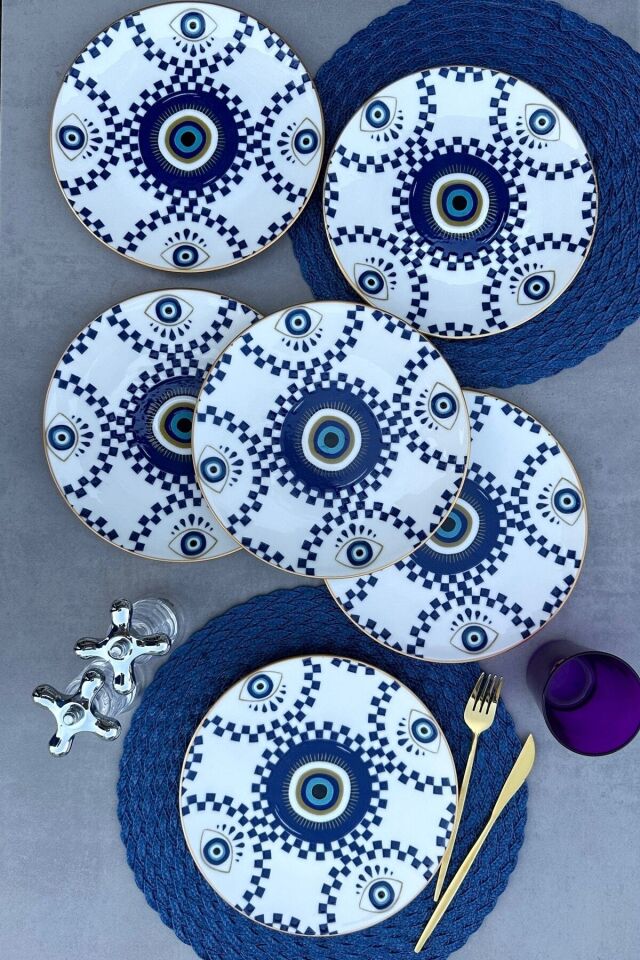 Nazar Boncuklu Altın Yaldızlı 6 Kişilik 25 Cm Porselen Modern Mavi Servis Tabak Takımı