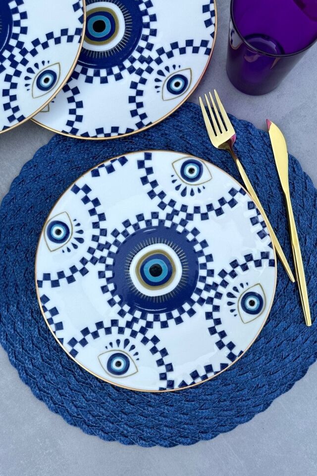 Nazar Boncuklu Altın Yaldızlı 6 Kişilik 25 Cm Porselen Modern Mavi Servis Tabak Takımı