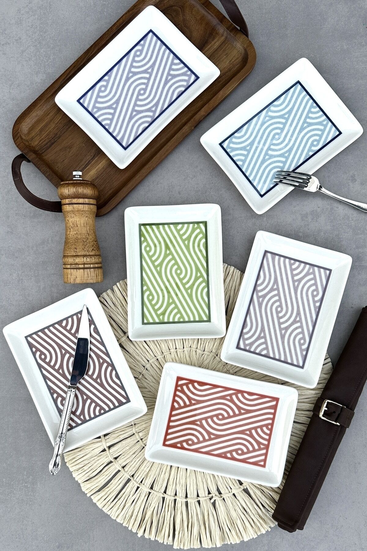 Cards 6 Adet 18x13 Cm Geometrik Porselen Peynir Kahvaltı Sunum Tabakları