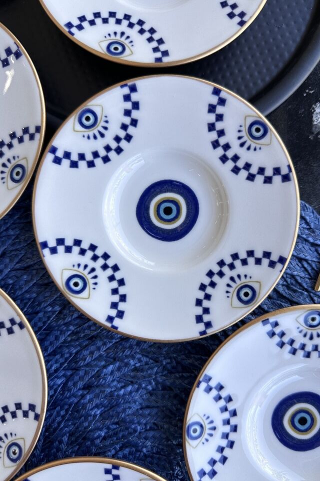 Nazar Boncuğu 6 Parça 11 Cm 6 Kişilik Porselen Mat Altın Yaldızlı Çay Tabağı Takımı
