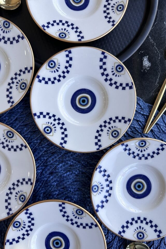 Nazar Boncuğu 6 Parça 11 Cm 6 Kişilik Porselen Mat Altın Yaldızlı Çay Tabağı Takımı